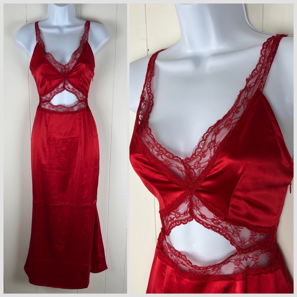 Never Fully Dressed Mimi Slip Maxi Dress 4 Petite Satin Red Lace Cutout Holiday